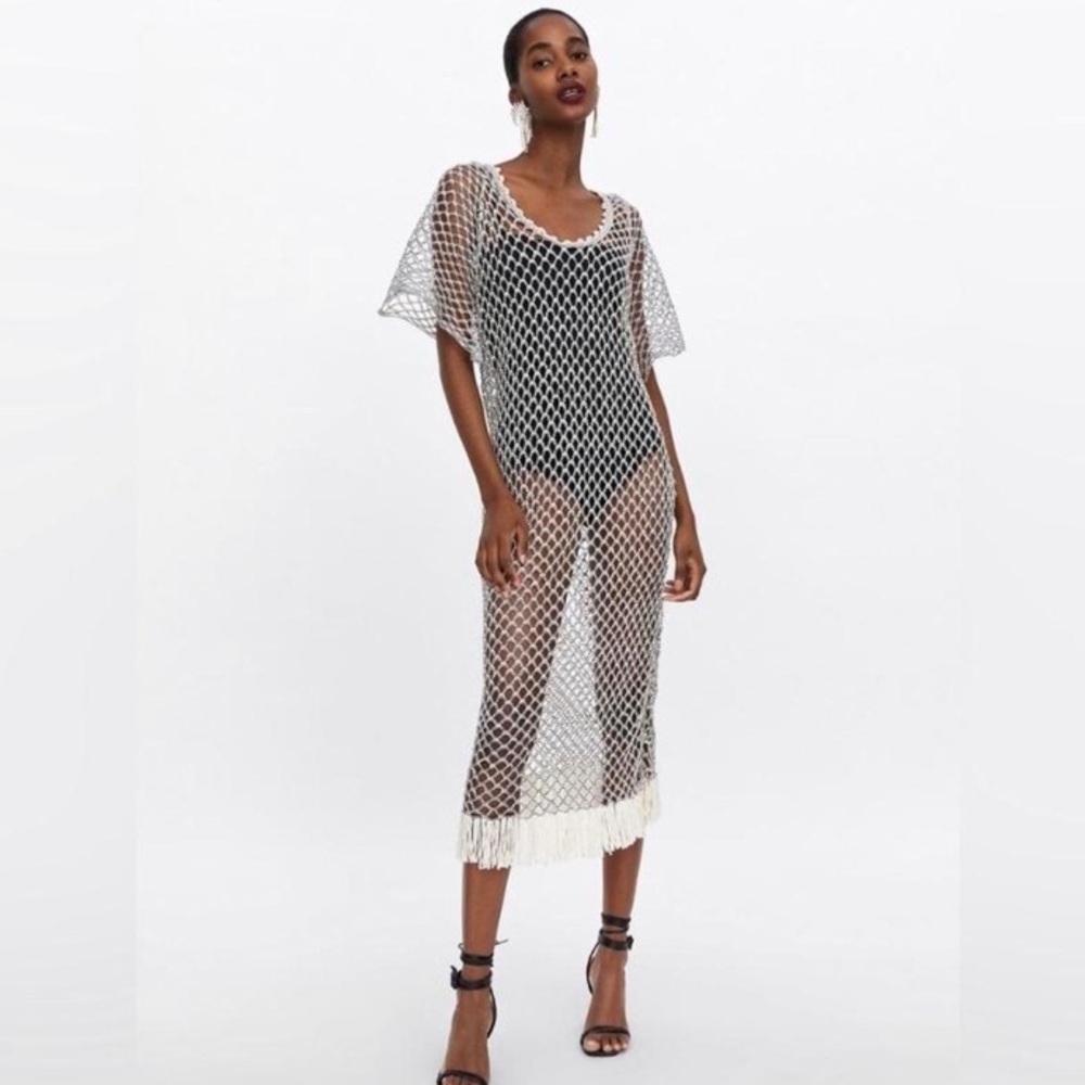 Zara Chic Black and Cream Mesh Dress with Fringe NWT